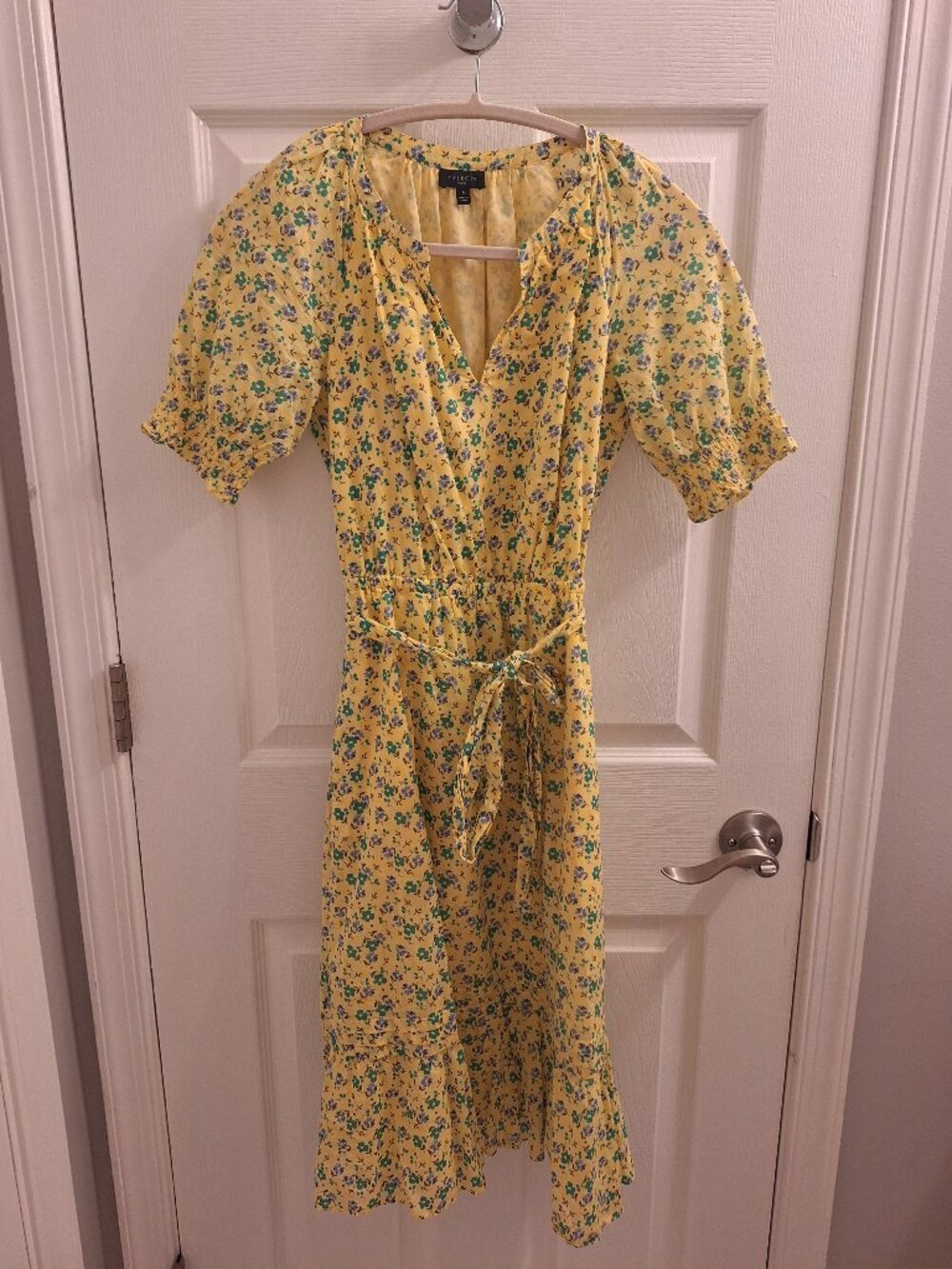 Talbots yellow and blue/green floral summer dress, midi length, Petite small